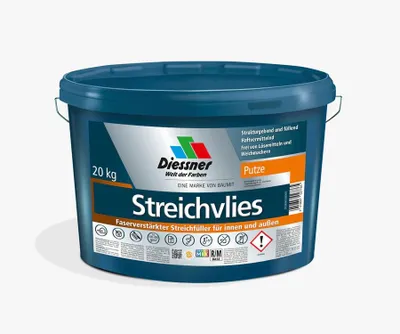 A blue plastic bucket of paint or filler with product labeling.