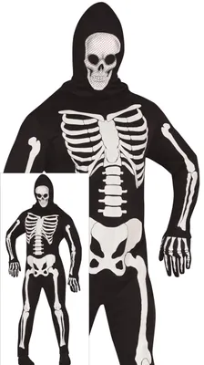Zdjęcie produktu dla Kostium szkieletu na Halloween z kapturem kostium straszna czaszka strój na imprezę, rozmiar: 48 - 50 (M) kolor: czarny