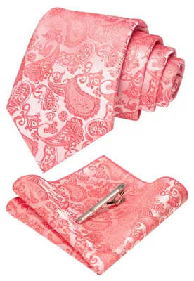 Immagine prodotto di Elegante set da uomo composto da papillon e fazzoletto da taschino, con spilla a forma di fiocco, color rosa