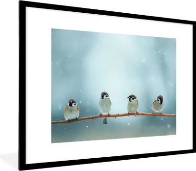 Produktbild von MuchoWow® Gerahmtes Poster Vögel - Spatz - Schnee - Winter 80x60 cm - Poster mit Schwarzem Bilderrahmen Wandposter Rahmen Foto Bilder - Schlafzimmer-Dekorationen - Fotoposter