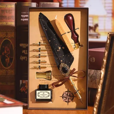 Produktbild von Federhalter Set Kalligrafie – 10tlg Vintage Schreibset mit Tinte & Siegel
