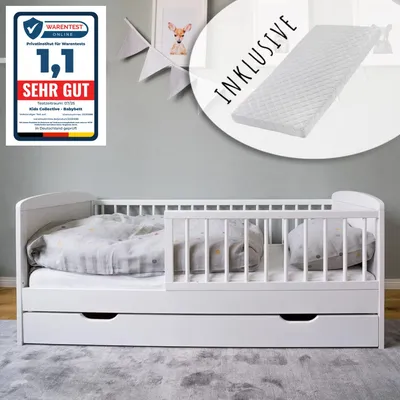 Obrázok produktu pre Detská posteľ 70x140 cm s matracom, lamelovým roštom, zásuvkou a nárazníkom z masívneho dreva v bielej farbe - 140 x 70 cm ideálna veľkosť po detskej postieľke