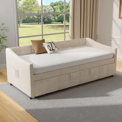 Obrázok produktu pre Rozkladacia pohovka 90x200 cm z bieleho zamatu, rozťahovacia 180x200 cm s hydraulickými zdvihákmi, bočnými vreckami a moderným dizajnom