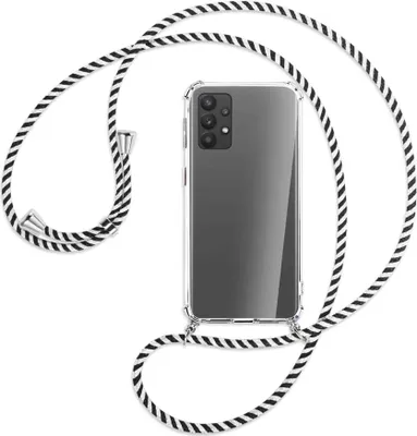 Produktbild von Handykette Backcover-Schutzhülle mit Band (Metall silberfarben) für Samsung Galaxy A32 4G (A325) - schwarz/weiß gestreift
