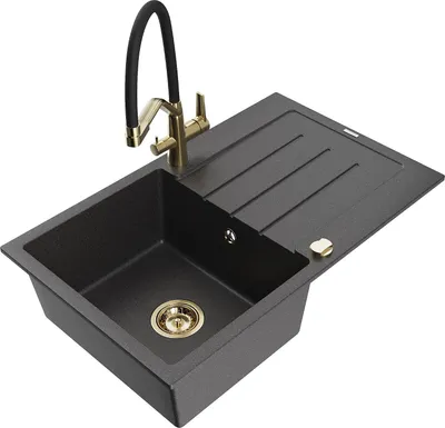 Produktbild von Mexen Bruno 1 Becken-Granitspüle mit Abtropffläche und Mischbatterie Duo, Schwarz gesprenkelt - 6513-76-671701-57-G