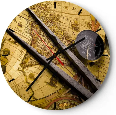 Produktbild von Wanduhr - Rund - Glasuhr - Kompass Abenteuer Reisen - 30x30cm - Schleichendes Uhrwerk - Lautlos - zum Aufhängen bereit - Dekoration Modern - Wanddekoration aus Glas - C3AR30x30-0146
