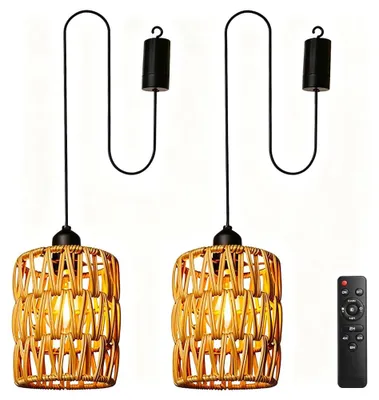 2er-Set Boho-Rotan-Hängelampen, batteriebetrieben, mit Fernbedienung