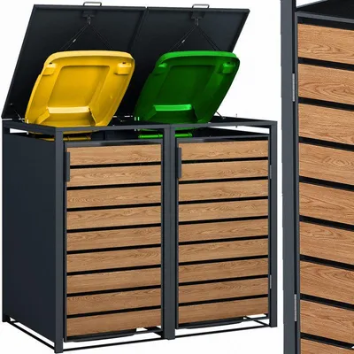 Productafbeelding van Weerbestendige afvalbakafdekking met metalen frame en opbergruimte voor twee containers tot 240 liter