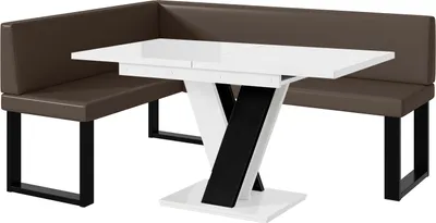 Produktbild von MEBLINI Eckbank für Esszimmer mit ausziehbarem Tisch  - Küchenbank - Essecke - Sitzecke Küche - TONI - U-Beine 128x168x87cm Links - Braun Kunstleder/M Weiß-Schwarz Hochgl.