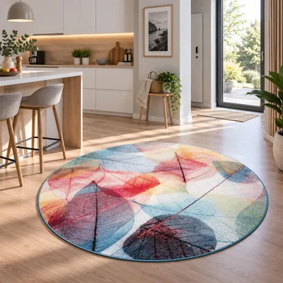 Produktbild von Designer Teppich Faro Blätter Bunt Rund, Größe:120 cm Rund, KI-generiertes Bild