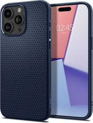 A dark blue phone case is shown in the foreground, with a smartphone displaying a clock and abstract graphics in the background.