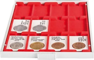 Produktbild von Lindner 2770 Münzbox mit 12 rechteckigen Vertiefungen für REBECK COIN L Münzrähmchen 75 x 50 mm-Rauchglas / dunkelrote Einlage