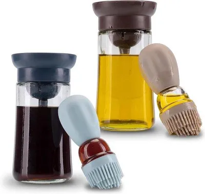 Immagine prodotto di Set da 2 pezzi con bottiglia per olio e pennello - Contenitore in vetro per olio con pennello in silicone - 180 ml - per olio, aceto e uso in cucina - Blu