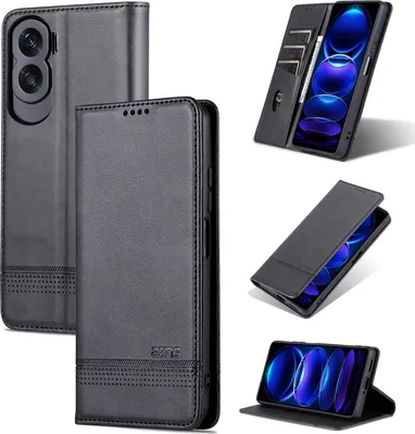 Image de Etui en cuir pour Honor 90 Lite, étui portefeuille pliable avec fermeture magnétique et support noir