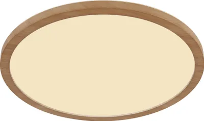 An oval-shaped ceiling light with a wooden frame and a beige interior.