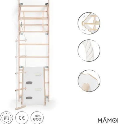 Image de MAMOI® Espalier en bois, Mur escalade suedois pour enfant, Échelle suedoise pour bebe, Jeux descalade et gym avec accessoires