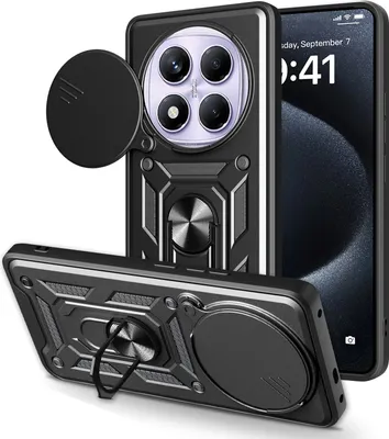 A black protective phone case with a camera cover, ring holder, and kickstand is displayed from multiple angles.
