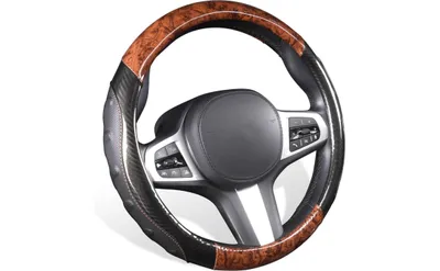 Image de Housse de volant classique TOYOUN en similicuir avec motif bois, housse universelle de 37-38 cm pour l'été et l'hiver, accessoires auto, cadeaux pour l'habitacle, pour femmes