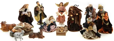 Produktbild von Krippenfiguren Set 13tlg mit Kleidern, Heilige Familie, Heilige 3 Könige, Engel & Hirten H.: 17cm Weihnachtskrippe Figuren Krippenzubehör Weihnachtsdeko