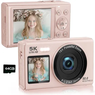 Zdjęcie produktu dla Aparat cyfrowy ZELURXX 5K, 80 MP, 18-krotny zoom, podwójny wyświetlacz, WLAN, kamera Ultra HD, idealny do selfie, vlogowania i codziennej fotografii, 64 GB, różowy