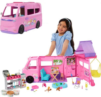Produktbild von Barbie Super Abenteuer-Camper Spielset mit Dachzelt, Grill mit Farbwechseleffekt und über 60 Zubehörteilen, Puppen-Spielset, 3 Jahr(e), 3,5 kg
