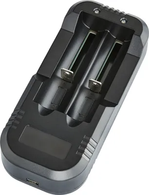 Produktbild von Walimex pro Dual Ladegerät für Li-Ion Akku 18650 18350 - Mit intelligentem IC-Chip gegen Überladung, automatische Ladestromwahl, für max. 2 Akkus Gimbal, e-Zigaretten, RC-Car UVM.