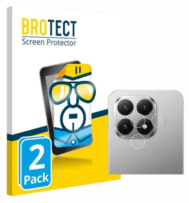 The image shows the packaging for a screen protector product, with a graphic illustration of a phone and a close-up of a phone's camera module with the protectors applied.