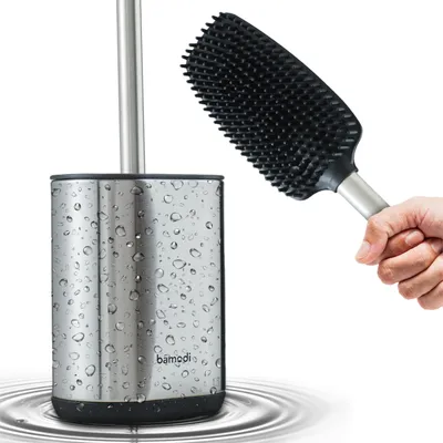 Produktbild von Silikon-Toilettenbrste mit Toilettenbrstenhalter und langem Edelstahlgriff. Hygienisch, flexibel, modern, elegant & stabil. Lamellenschaber. Fr Bad und WC - silber