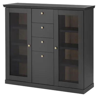 Produktbild von Wohnzimmer Highboard Vitrine 129 cm breit in Schwarz matt, mit 2 Glasrahmentüren - LORETA-61