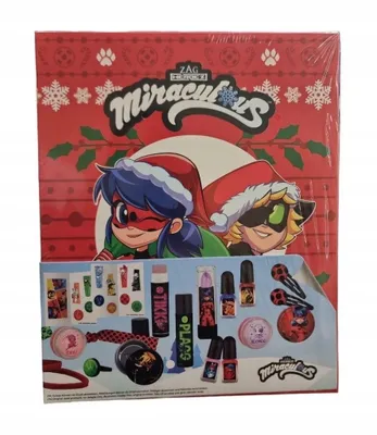 A Christmas-themed beauty calendar box featuring characters from Miraculous Ladybug.
