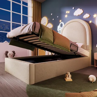 A child's bedroom with a bed that has storage underneath, decorated with space-themed wall art.