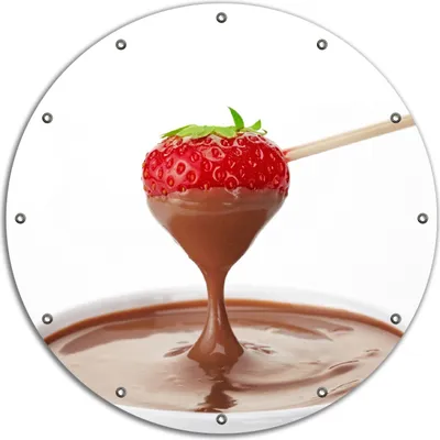 Produktbild von Wallario rundes Outdoor-Poster für Garten oder Balkon, Motiv Schoko-fondue mit Erdbeer am Stiel, 90 cm Durchmesser