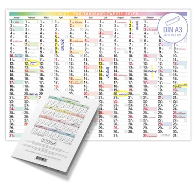 Produktbild von Wandkalender 2027 A3 Bunt Querformat – Großer Jahresplaner mit KW Feiertagegroße Felder