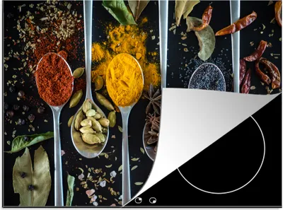 Produktbild von KitchenYeah© Herdabdeckplatte Kräuter in Löffeln auf einem Hintergrund mit Kräutern , 70x52cm, Küche Deko, Glaskeramikkochfeld Herdabdeckung, Abdeckplatte fùr Kochfeld
