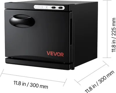 A black VEVOR towel warmer with dimensions indicated.