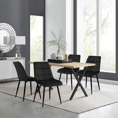Image de Ensemble de salle à manger comprenant une table et 4 chaises. Table rectangulaire en bois, dimensions 140 cm, finition naturelle. 4 chaises en velours, couleur noire