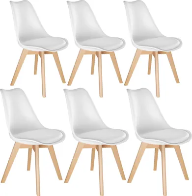 A set of six white dining chairs with light wood legs arranged in two rows.