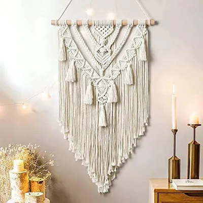 Produktbild von Dremisland Boho Makramee Wandbehang Geometrischer Gewebte Wandteppich Beige Baumwolle Wandteppich Wandkunst Tapisserie Quasten Tapestry Wandbehang für Schlafzimmer Wohnzimmer