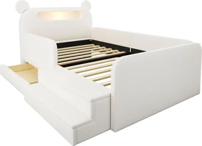 Produktbild von Merax Polsterbett 90x200cm Bären-Kopfteil und Nachtlicht, Kinderbett mit USB und Stufensitz, Einzelbett mit Stauraum aus Kunstleder, Weiß