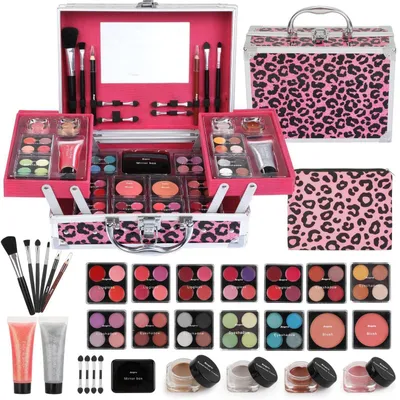 Produktbild von Schminkset für Mädchen, Kosmetik Geschenkset, All-in-One Make Up Set mit Lidschatten, Rouge, Lippenstiften und Pinseln, Tragbarer Kosmetikkoffer Leopard Rose