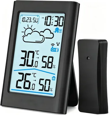 Produktbild von Funk Wetterstation mit Außensensor, DCF Funkuhr, Thermometer Innen Außen 100m, bis zu 3 Sensoren, Hygrometer, Wettervorhersage, Digitales Display