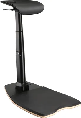A black ergonomic office stool with an adjustable height and a wide base, shown against a white background.