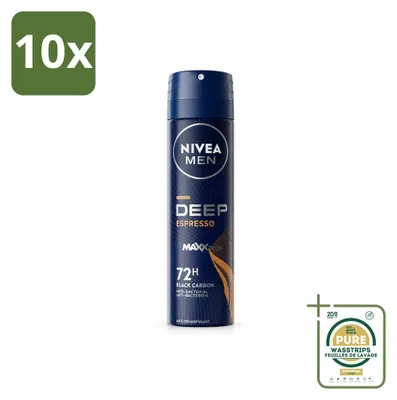 Imagen del producto de 10 unidades de desodorante en spray NIVEA MEN, aroma Deep Espresso, 150 ml. Paquete ahorro