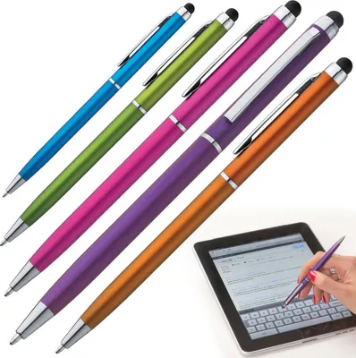Produktbild von 5 Touchpen Kugelschreiber / Farbe: je 1x pink, orange, lila, hellblau, apfelgrün