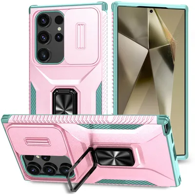 Produktbild von Handyhülle für Samsung Galaxy S25 Ultra Dual Layer Hülle mit Schiebe Kamera Schutz und Ringhalter Ständer Pink