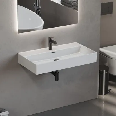 Produktbild von Aqua Bagno Waschbecken 80 im modernen Loft Air Design Eckig Wand-Waschbecken Möbelwaschbecken Waschtisch aus Keramik Weiß 805 x 465 x 130 mm