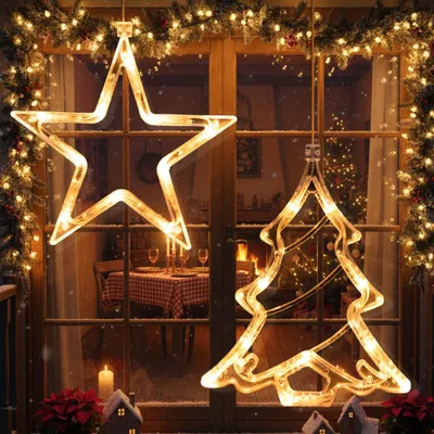 Productafbeelding van LED kerststerren voor ramen, 2 stuks, warmwit. LED kerstverlichting voor de kerstboom, ramen, hanglampen. Werkt op batterijen. Kerstdecoratie voor de deur, het huis, feestjes