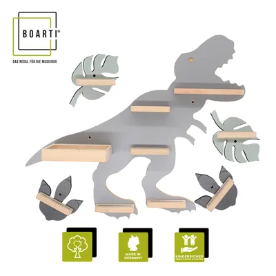 Produktbild von BOARTI Kinderregal Tier Dinosaurier | hängend für Toniebox und Tonie Figuren | Regal | H. 44 x B. 53 x T. 19 | Wandregal Musikbox und Figuren Aufbewahrung mit Magneteinsätzen | Aufbewahrungsregal Holz Dino
