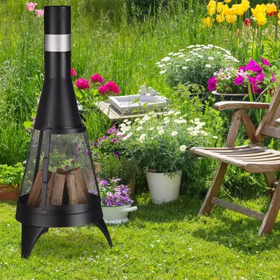 Produktbild von Famanu Gartenkamin mit Funkenschutz und Feuerrost für Garten und Terrasse - 120 x 47 cm schwarz