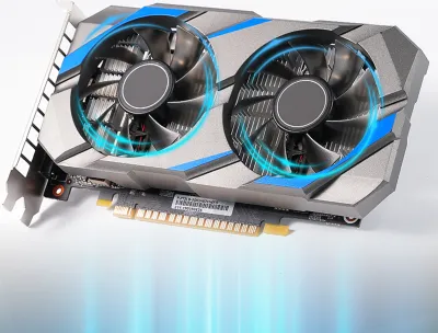 A computer graphics card with two fans, presented on a light background with glowing blue accents.